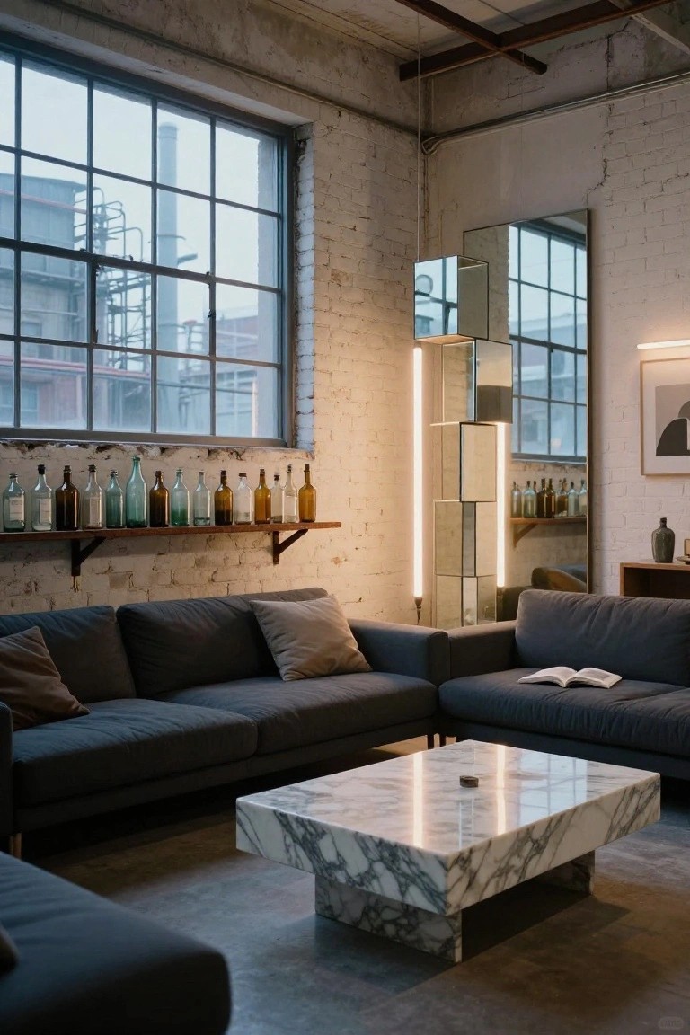 Exposed brick industrial loft living room with L-shaped dark gray sofas, square white marble coffee table with black veining, wooden shelf displaying colorful glass bottles, large factory windows, tall geometric mirror with neon light strips, and side table with vase.