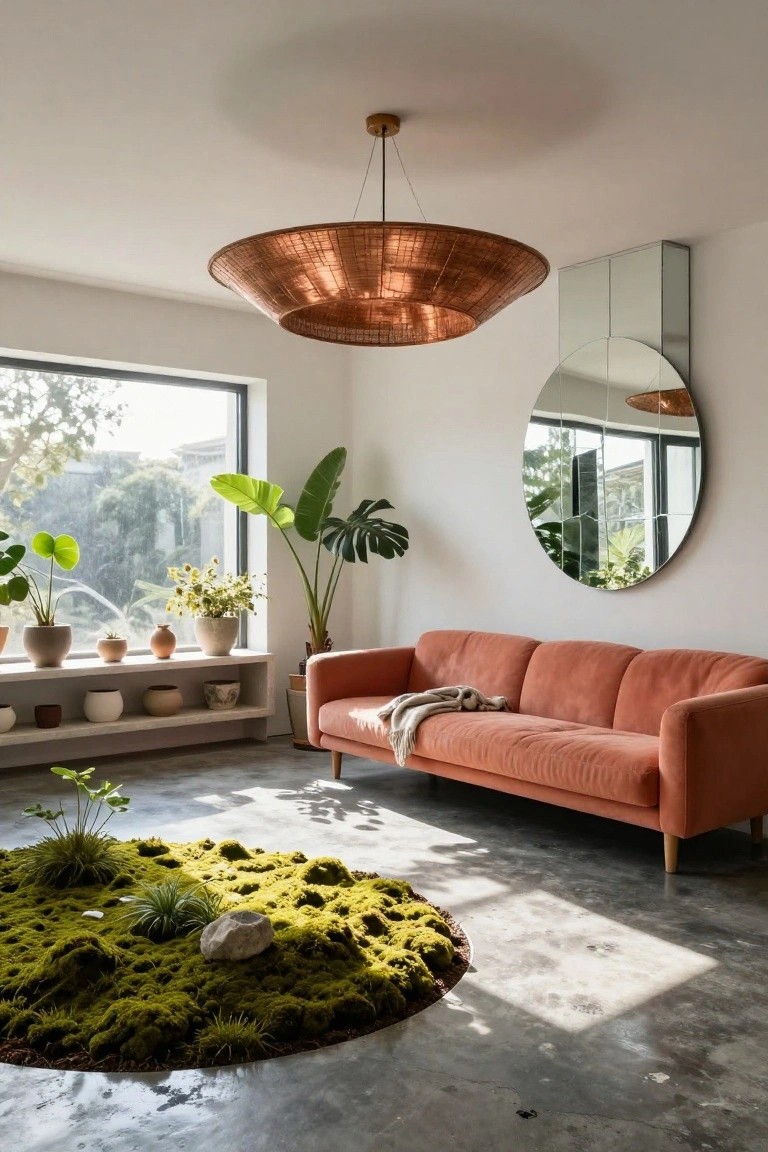 Modern living room with circular moss garden on polished concrete floor, peach velvet sofa with throw, potted plants on windowsill and shelves, large copper pendant light, round mirror, and large window overlooking greenery.