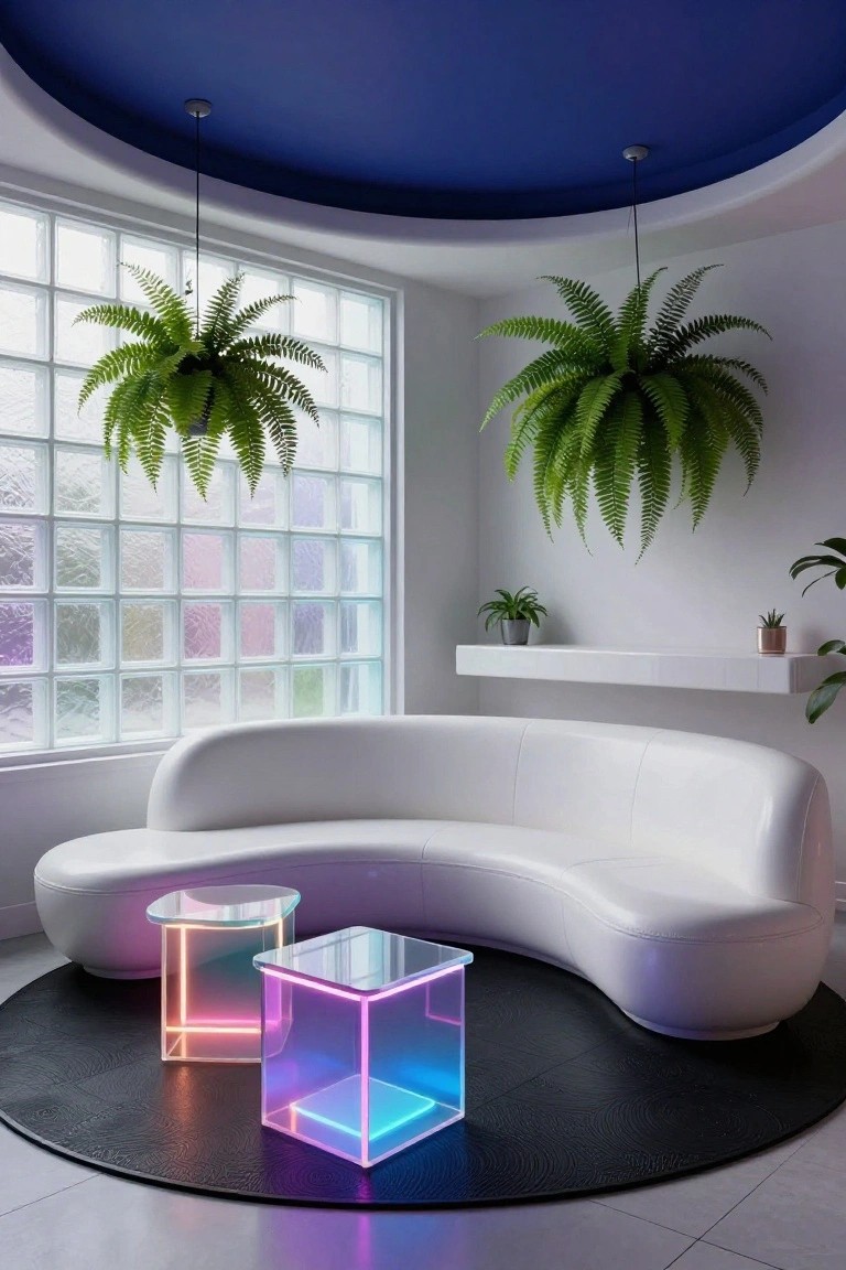 Modern living room featuring a curved white sofa on a black circular rug flanked by two transparent cube side tables with multicolored neon edges, hanging ferns near frosted glass block windows, potted plants on a white shelf, and a blue curved ceiling.