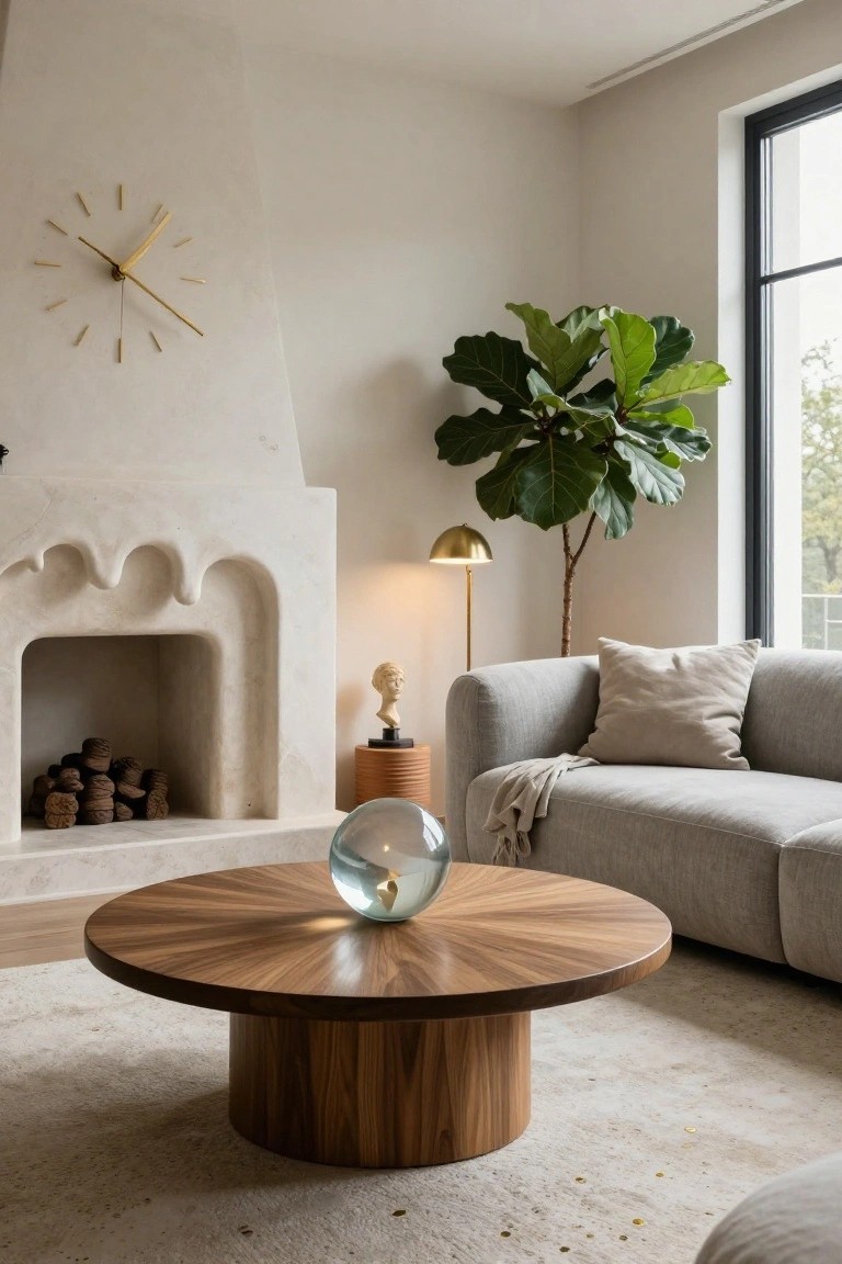 Modern living room with curved white plaster fireplace containing firewood, round walnut coffee table topped with glass orb, gray modular sofa with throw blanket and pillow, gold floor lamp, white bust sculpture, wall clock, and fiddle leaf fig plant by black-framed window.