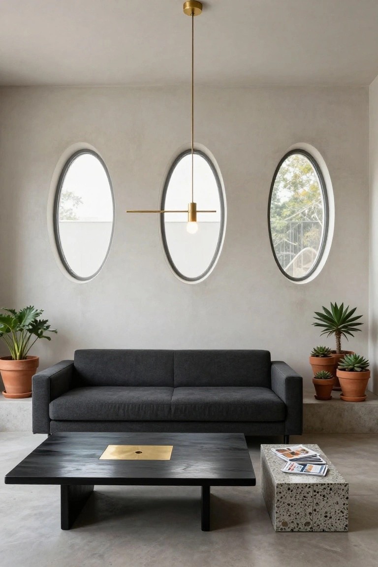Modern living room with three large oval windows on a light plaster wall, dark gray sofa on a raised platform, black wood coffee table with gold square inset, potted plants, concrete side table with magazines, and gold linear pendant light overhead.