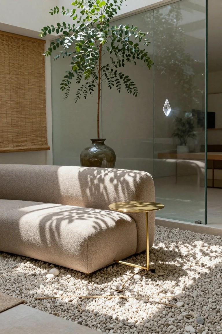 Modern living room featuring a low beige sofa and gold side table on a white pebble stone floor, with a large potted tree, bamboo blinds, and a glass wall.