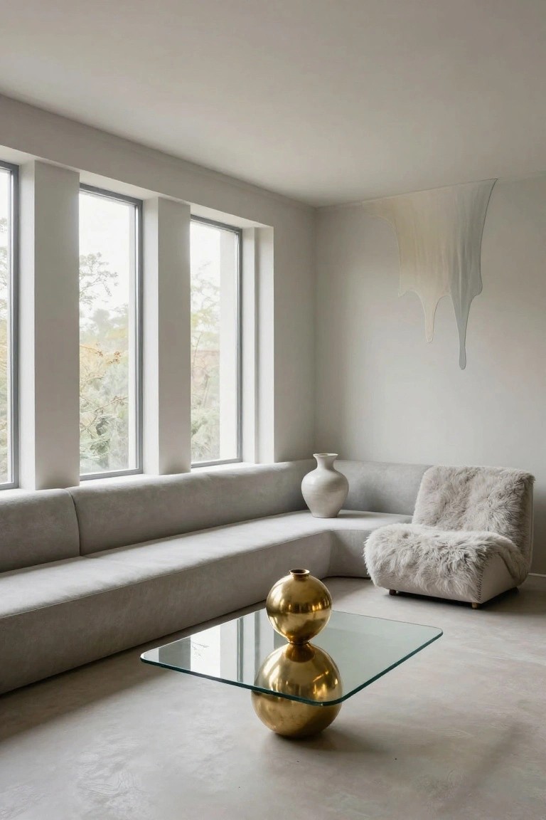 Minimalist living room with gray L-shaped sofa, fluffy gray armchair, tall white ceramic vase, hanging white fabric light fixture, and glass coffee table on double brass orb base, next to large windows overlooking trees.