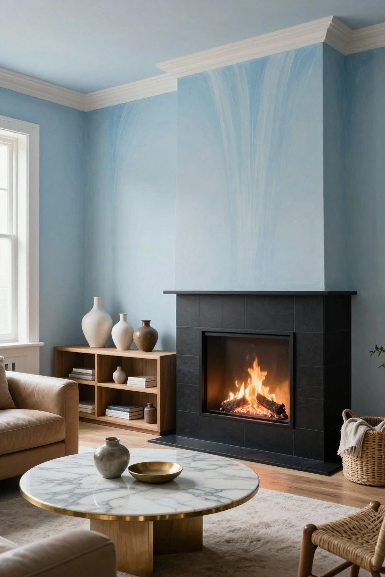 Modern living room featuring light blue abstract wave-patterned walls behind a black tiled fireplace with burning logs, tan leather sofa, oak media console with white and brown ceramic vases, round white marble coffee table with gold base, and rattan chair on light wood floors.