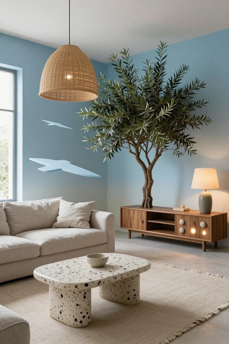 Modern living room featuring light blue walls with white flying bird decals, a tall potted olive tree in the corner, beige sofa, oval terrazzo coffee table, wooden media console with lamps, and rattan pendant light.