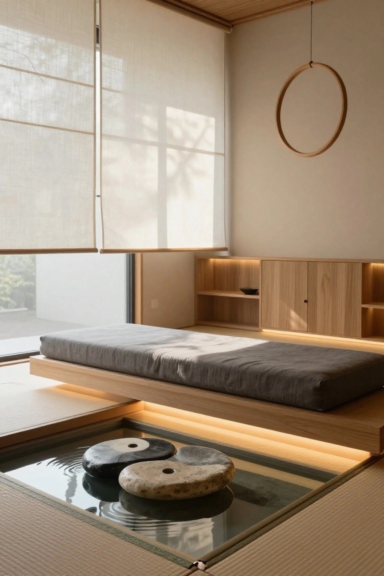 Minimalist interior room with shoji screens over windows, elevated wooden platform bed with gray bedding, wooden cabinets with lighting, and a glass-floored water basin holding black and white yin-yang stones on tatami flooring.