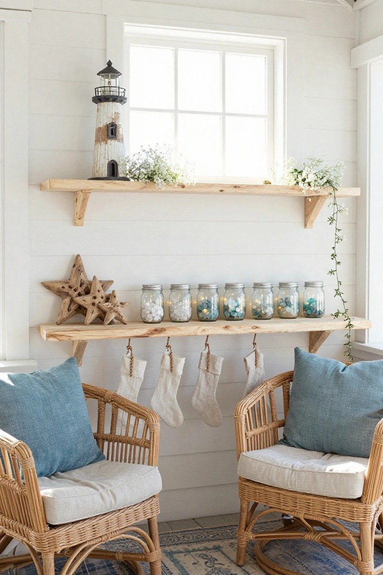 White shiplap interior with multi-tiered wooden shelves displaying a model lighthouse, baby's breath, jars of shells and lights, wooden starfish, and hanging white Christmas stockings from ropes, with two rattan chairs and blue cushions on a blue rug.