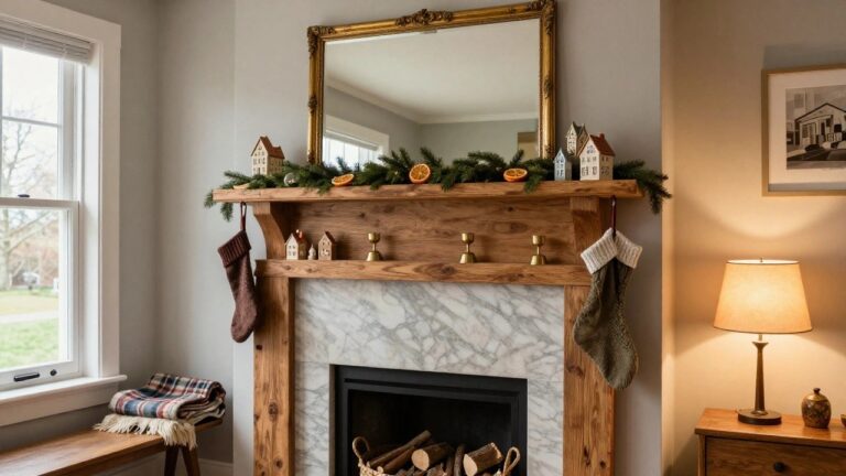 Wooden multi-tiered mantel shelf above a marble fireplace, decorated with small white house figurines, gold candles, colorful hanging stockings, evergreen garland with dried orange slices, and a mirror overhead in a light gray room.