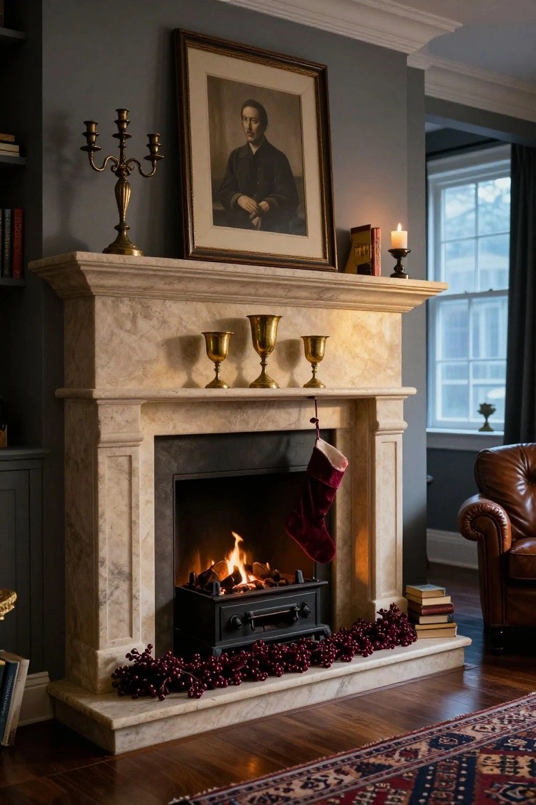 Marble fireplace mantel decorated for Christmas with gold goblets on the shelf, a red velvet stocking hanging from the edge, red berry garland draped along the hearth base, and a fire burning inside.