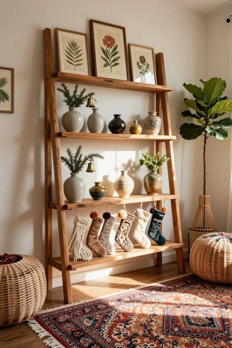 Tall wooden ladder shelf in a light-filled room corner displaying ceramic vases, potted greenery, hanging knit Christmas stockings, botanical prints on walls, a fiddle leaf fig plant, woven poufs, and a patterned rug on wood floors.