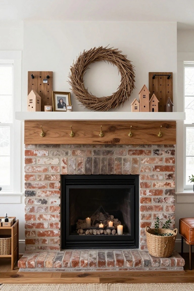 Brick fireplace with oak mantel featuring small wooden houses arranged at varying heights on wood boards and shelf, central wheat wreath, candles in firebox, and wicker basket with eucalyptus on hearth.