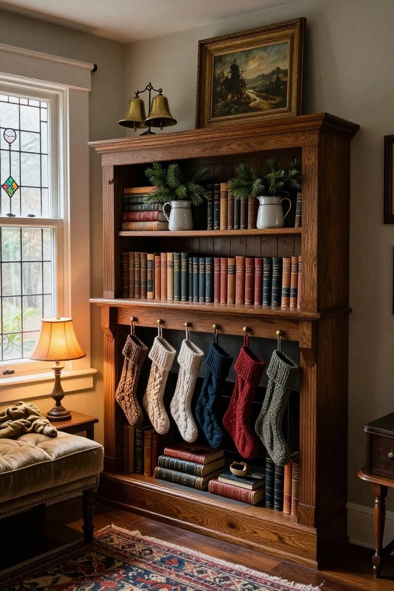 Wooden bookcase with assorted books, evergreen branches, white pitchers, and colorful knitted stockings hanging from brass hooks on the lower protruding shelf, positioned near a stained glass window, table lamp, and ottoman in a warmly lit room.