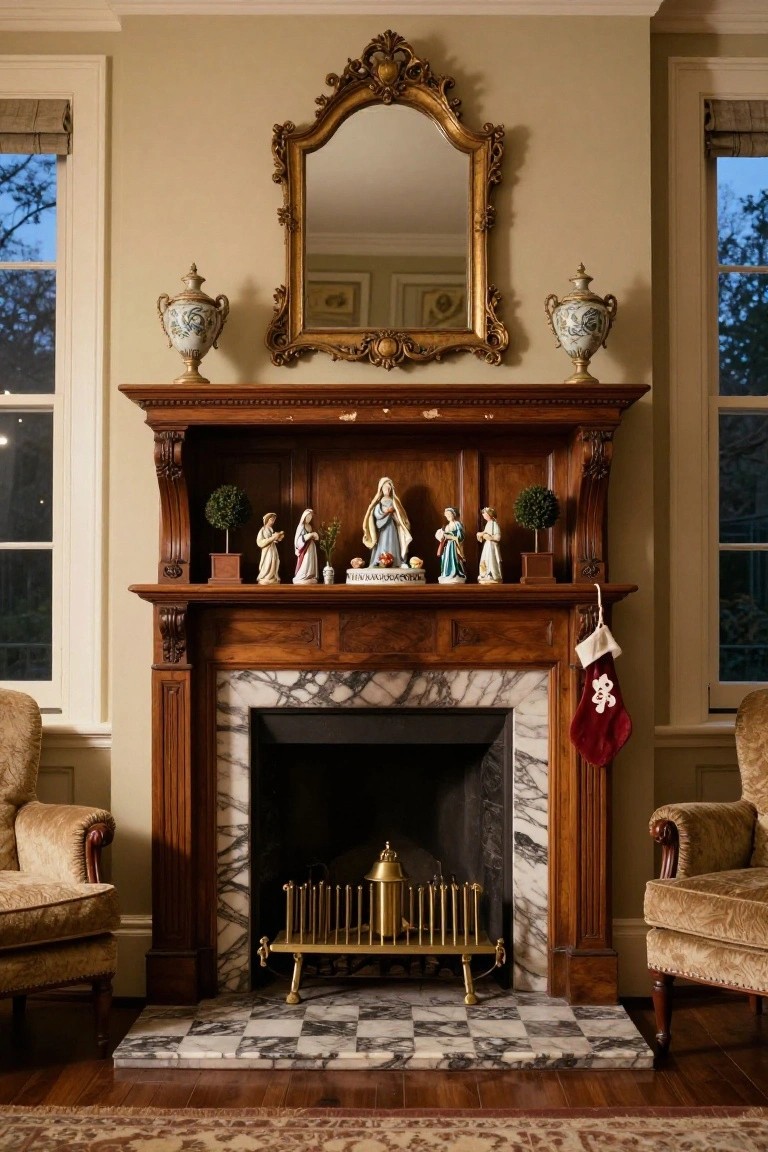 Ornate wooden mantel with carved niches displaying white porcelain figurines of Mary and saints flanked by potted topiary plants, a red Christmas stocking hanging from one side, above a marble fireplace hearth in a beige room with armchairs and gold mirror above.