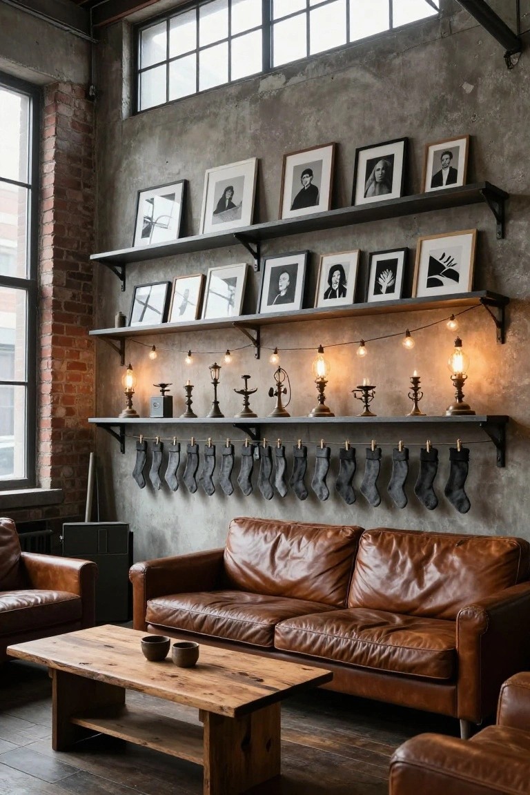 Industrial loft room with tan leather sofas and wooden coffee table, multi-tiered black metal shelves on exposed brick and concrete wall holding black-and-white photos, brass candlesticks, string lights, and gray stockings hanging from a clothesline.