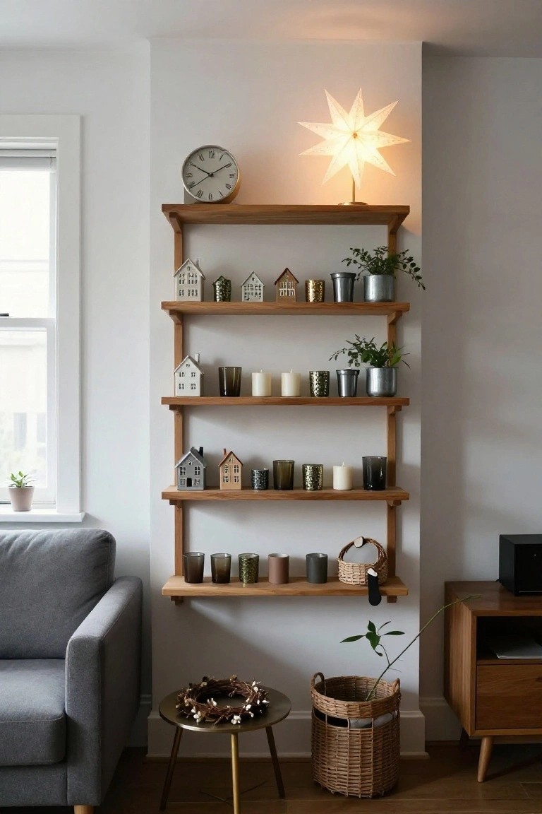 Tall wooden multi-tiered shelf unit on a white wall displaying small ceramic houses in white, gray, and beige, candles, glassware, metal planters with greenery, next to a gray sofa, brass side table, and woven baskets in a living room.