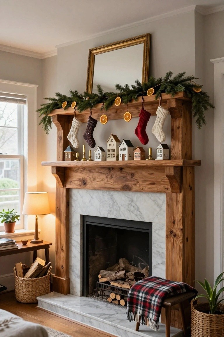 Wooden multi-tiered mantel shelf above a marble fireplace, decorated with small white house figurines, gold candles, colorful hanging stockings, evergreen garland with dried orange slices, and a mirror overhead in a light gray room.