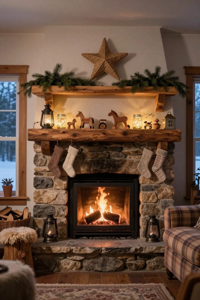 Rustic stone fireplace in a cozy living room with wooden beam mantel decorated for Christmas using tiered wooden toys, garland, star, lanterns, and hanging stockings, fire burning inside.