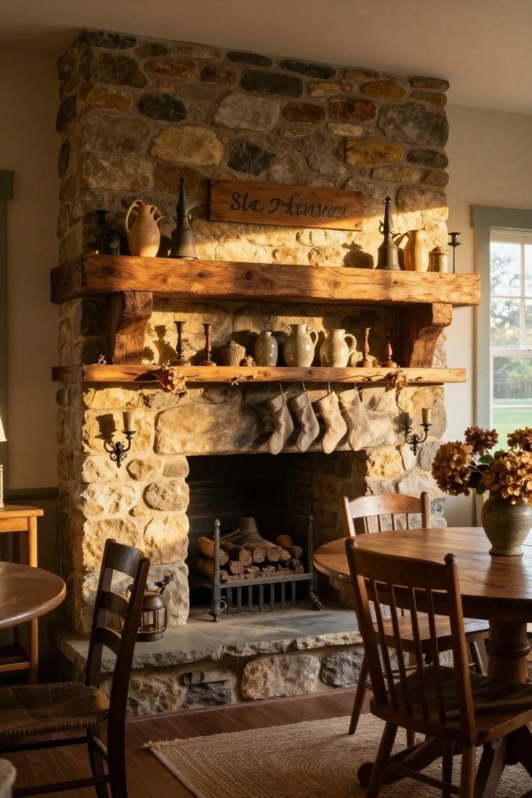 Rustic Mantel with Hanging Stockings for Vertical Layers