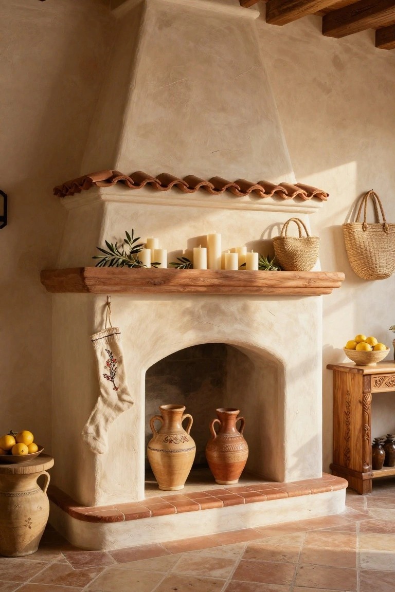 Rustic adobe fireplace mantel with wooden shelf holding white candles and olive branches, terracotta vases and lemons on the hearth floor, a hanging embroidered stocking, and woven bags nearby on beige walls with terracotta tile floor.