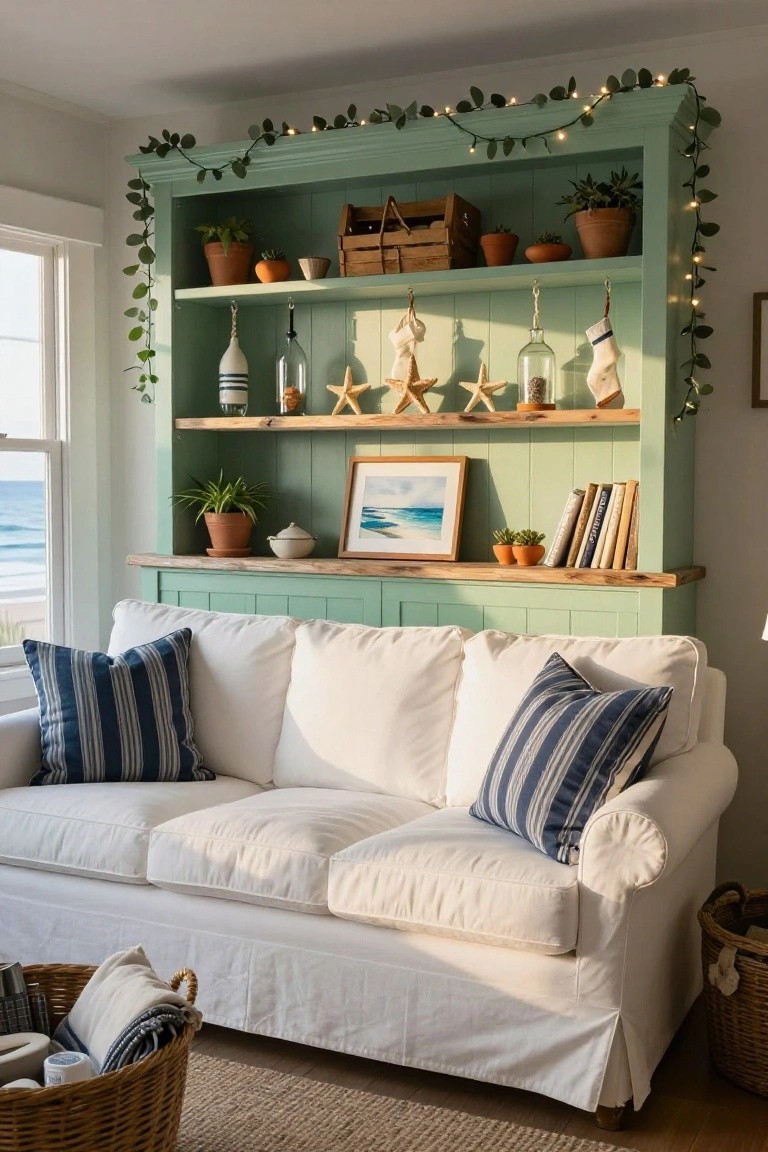 Mint green multi-shelved wooden cabinet against a wall with ocean view window, decorated with garland and fairy lights, plants, nautical items, bottles, starfish, stockings, books, and painting, next to white sofa with blue striped pillows and wicker baskets on wood floor.