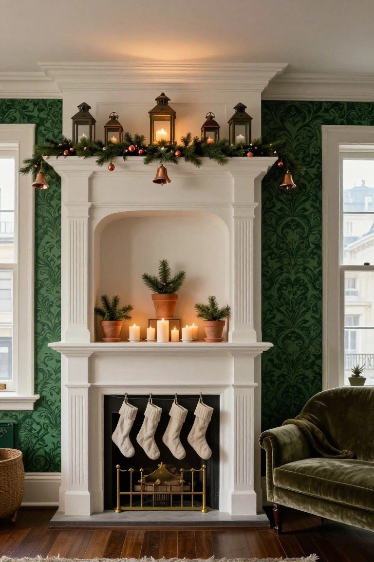 White fireplace mantel in a green floral wallpapered room, decorated with evergreen garland, brass lanterns, bells, potted fir trees, candles, and four white stockings hanging from hooks, with a green velvet armchair to the side.