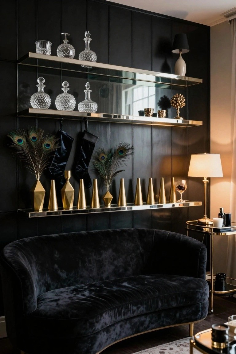 Black paneled wall with four brass shelves displaying crystal glassware, gold geometric vases and cones, peacock feathers, black velvet stockings, and a table lamp, above a curved black velvet sofa and side tables.