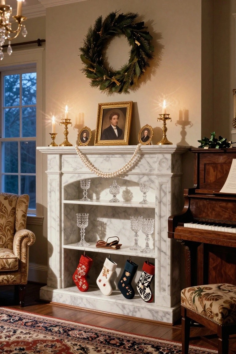 White marble fireplace mantel with three shelves holding crystal glassware, belts, and Christmas stockings in red, white, blue, and black patterns, topped with candles and framed portraits, pearl garland draped across, beside a wooden piano and upholstered chair in a traditional room.