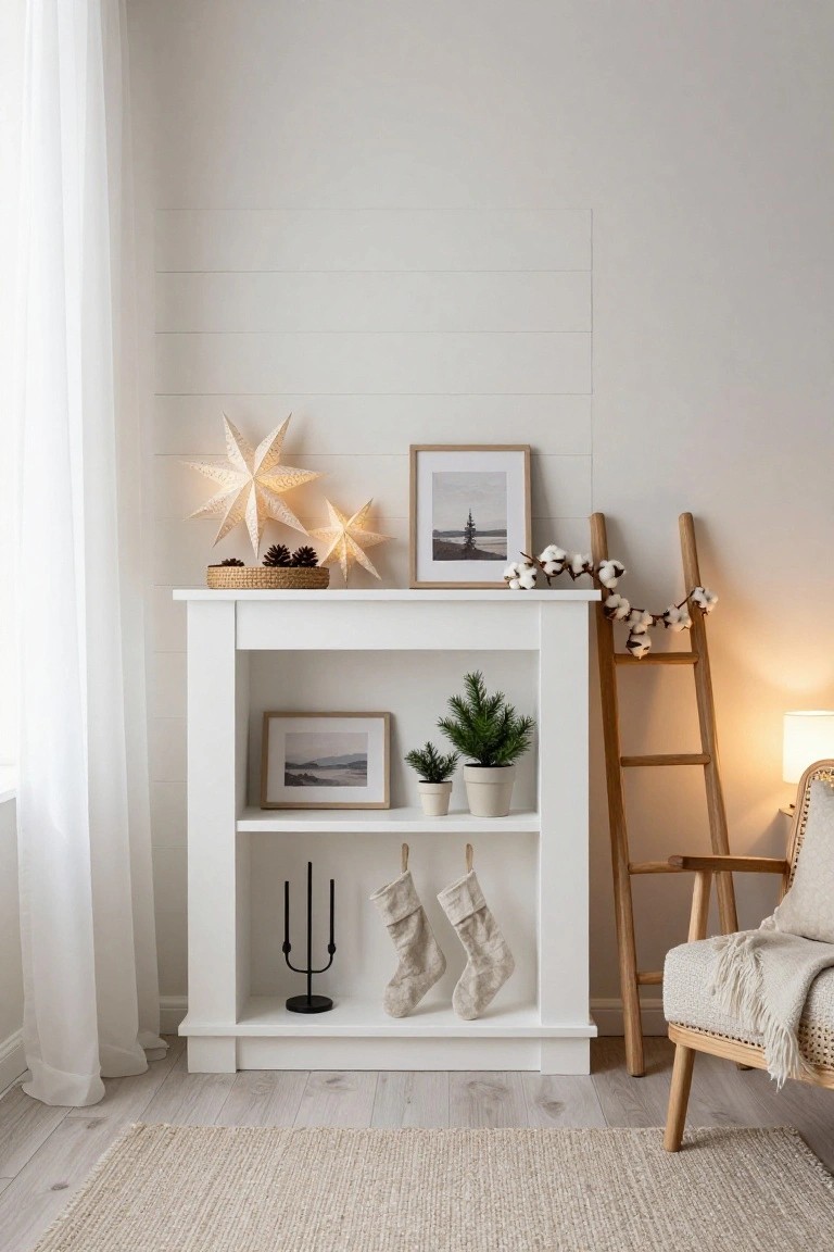 White low cabinet with two open shelves decorated with Christmas stars, pinecones, photos, plants, candlestick, and stockings stands in a light wood-paneled room corner next to wooden ladder shelf, armchair, and sheer-curtained window.