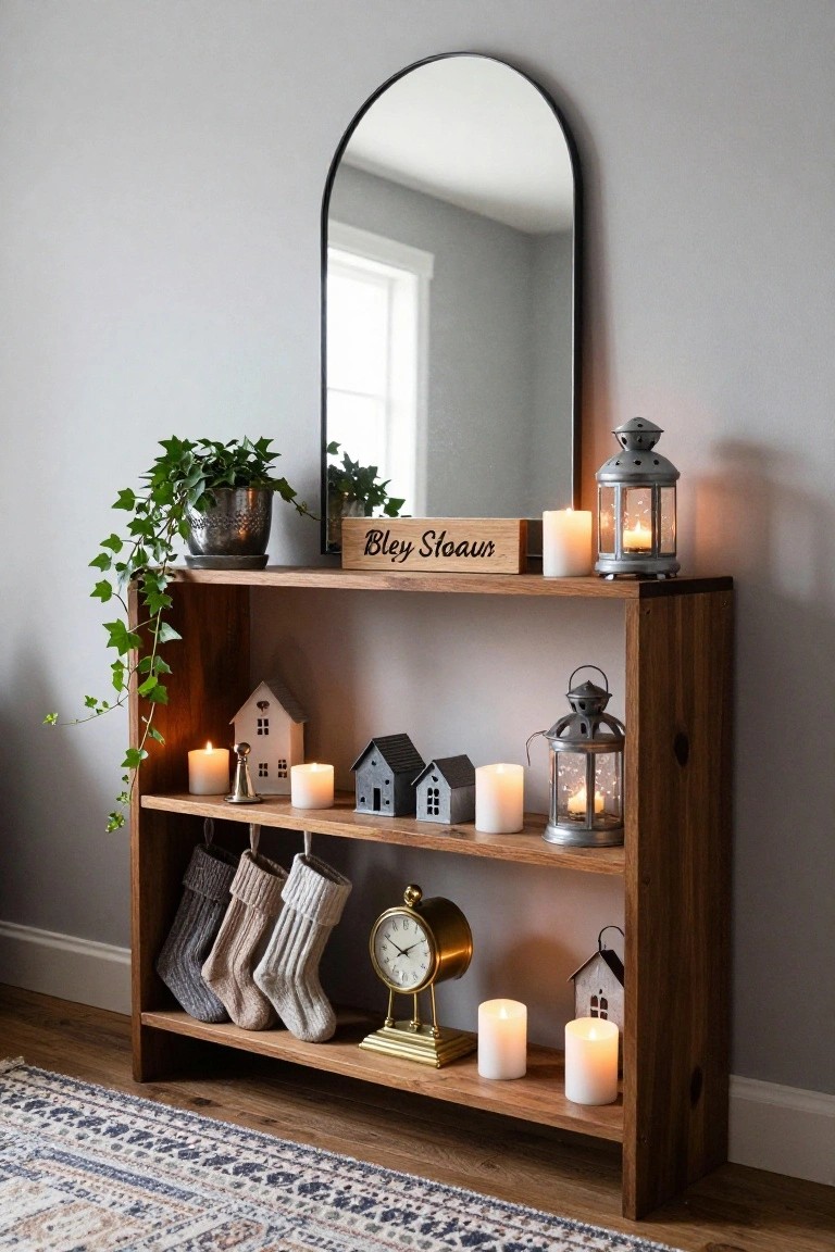 Wooden three-tier shelving unit against a light gray wall, decorated with miniature houses, white pillar candles, metal lanterns, knit Christmas stockings, a brass clock, and trailing ivy in a metal pot, next to a tall arched black mirror.