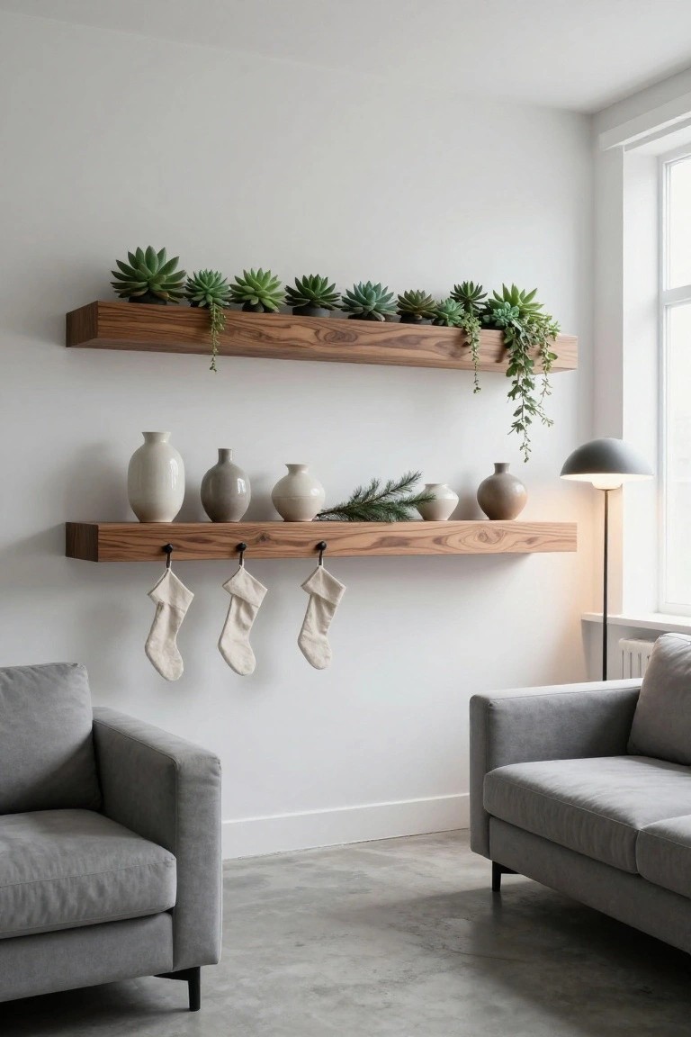 Two wooden floating shelves mounted on a white wall in a modern living room corner, upper shelf with multiple potted succulents and trailing plants, lower shelf with white ceramic vases, pine branches, and three white Christmas stockings hanging from black hooks, gray armchairs and a floor lamp nearby.