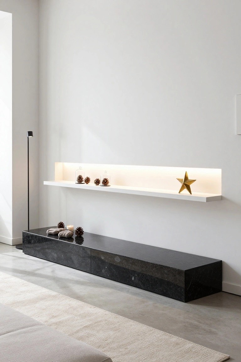 Minimalist indoor corner with white floating shelf and backlit niche holding glass-domed pinecones and gold star, black stone bench below with pinecones and candle, black floor lamp, beige rug, and edge of gray sofa against white walls and concrete floor.