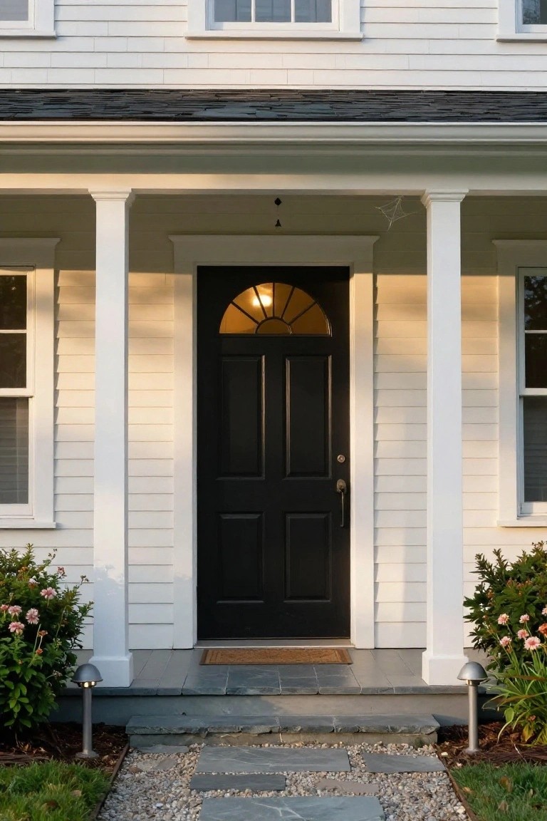 White clapboard one-story colonial house exterior with centered black paneled front door and fanlight transom, white porch columns, stone entry steps, doormat, low plantings, and gravel path.