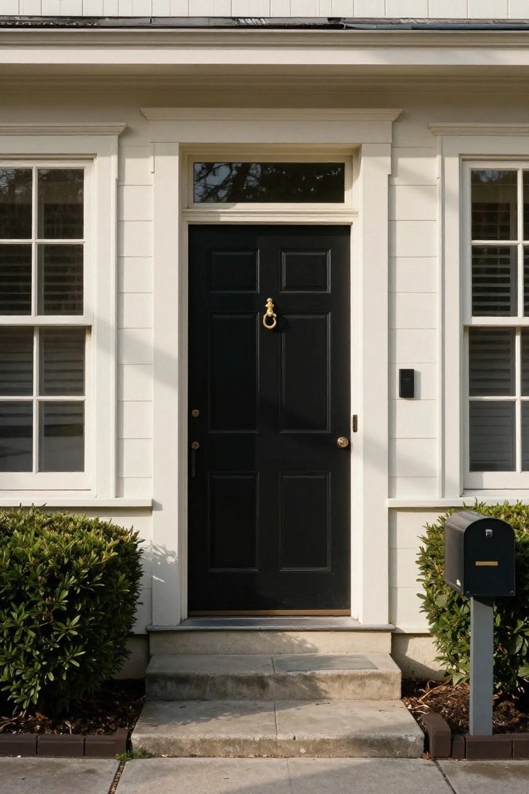 White clapboard one-story house exterior featuring a black paneled front door with gold knocker and brass knob, flanked by multipane windows, boxwood shrubs, and black mailbox on concrete steps.