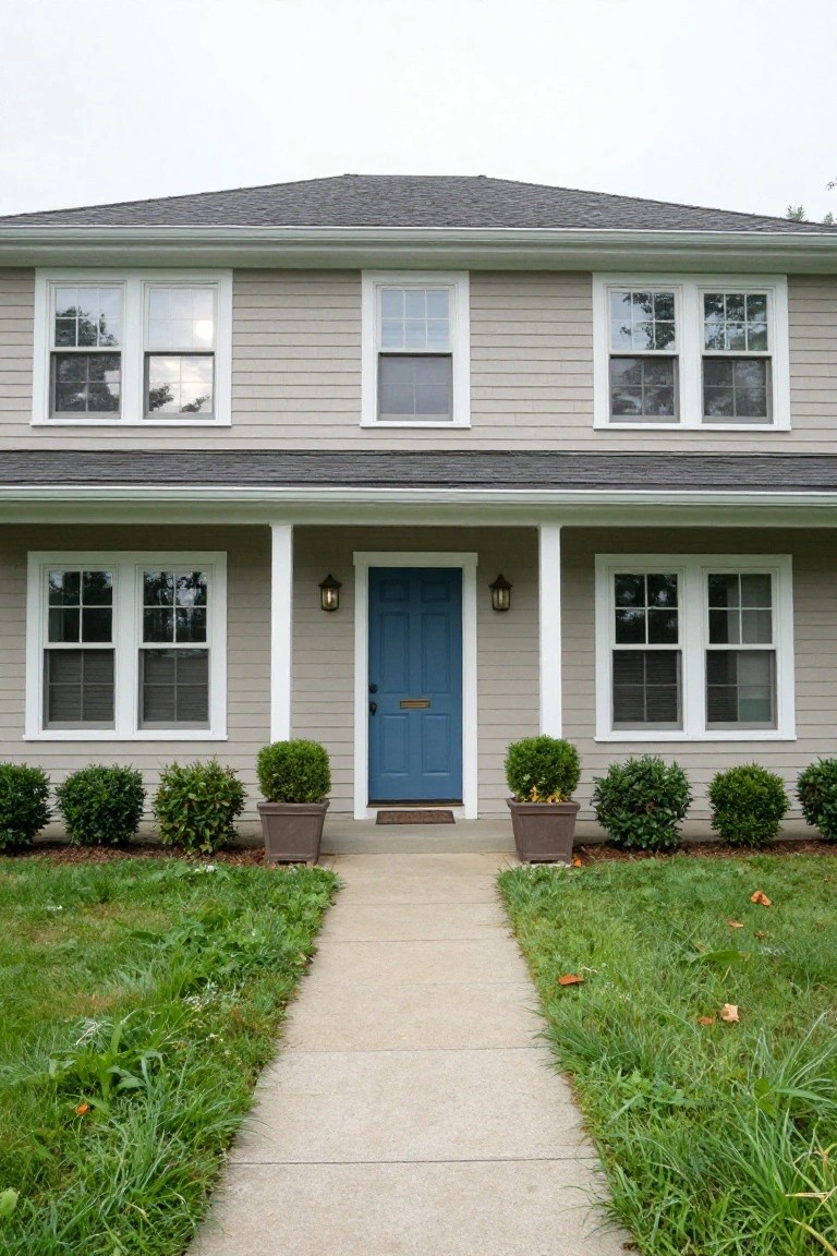Two-story gray clapboard house with blue front door, white porch columns and trim, double-hung windows, boxwood shrubs in pots, and concrete walkway through front lawn.