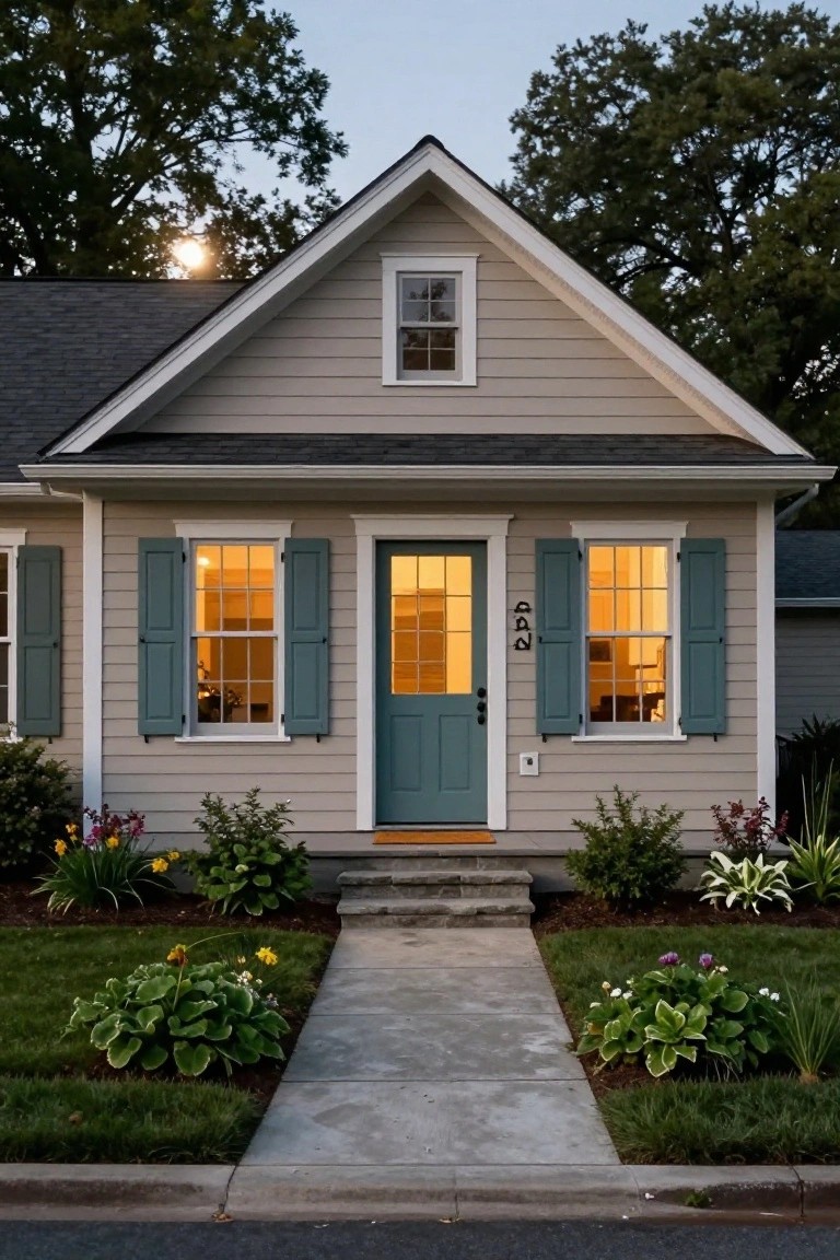 One-story colonial house with light gray siding, gabled roof, teal front door with glass upper panels, matching teal shutters on two front windows, stone entry steps, and landscaped beds with hostas, tulips, and other flowers along a concrete path at dusk.