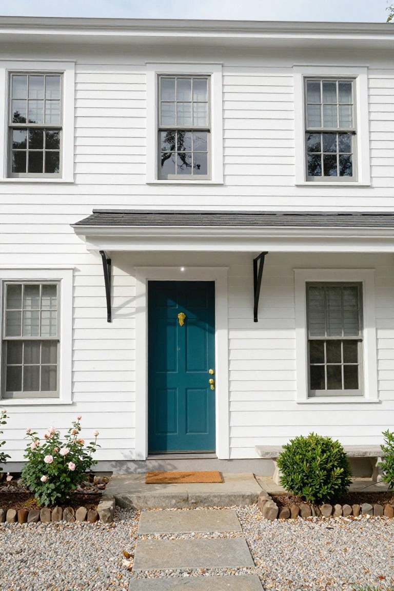 White clapboard one-story colonial house exterior with teal paneled front door under a small gray-roofed porch, flanked by multi-pane windows, rose bushes, boxwood shrub, and gravel yard with stone paver path.