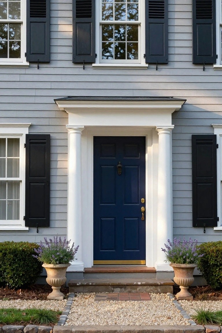 Gray shingle one-story colonial house exterior featuring a navy blue front door under a white-columned portico, flanked by black shutters, with terra cotta pots of lavender on brick steps leading to a gravel path.