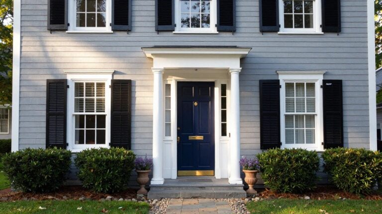 Gray shingle one-story colonial house exterior featuring a navy blue front door under a white-columned portico, flanked by black shutters, with terra cotta pots of lavender on brick steps leading to a gravel path.
