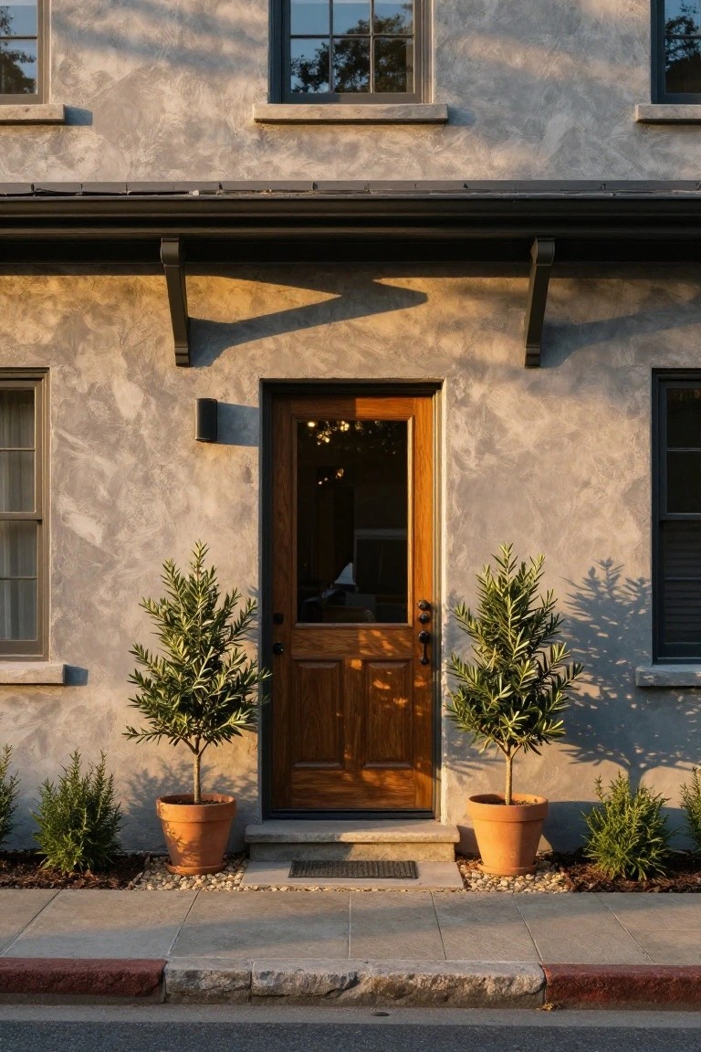 Beige stucco one-story house facade with dark wooden front door featuring glass panels and brass knob, flanked by two potted olive trees in terracotta pots on a gravel bed beside a stone pathway.