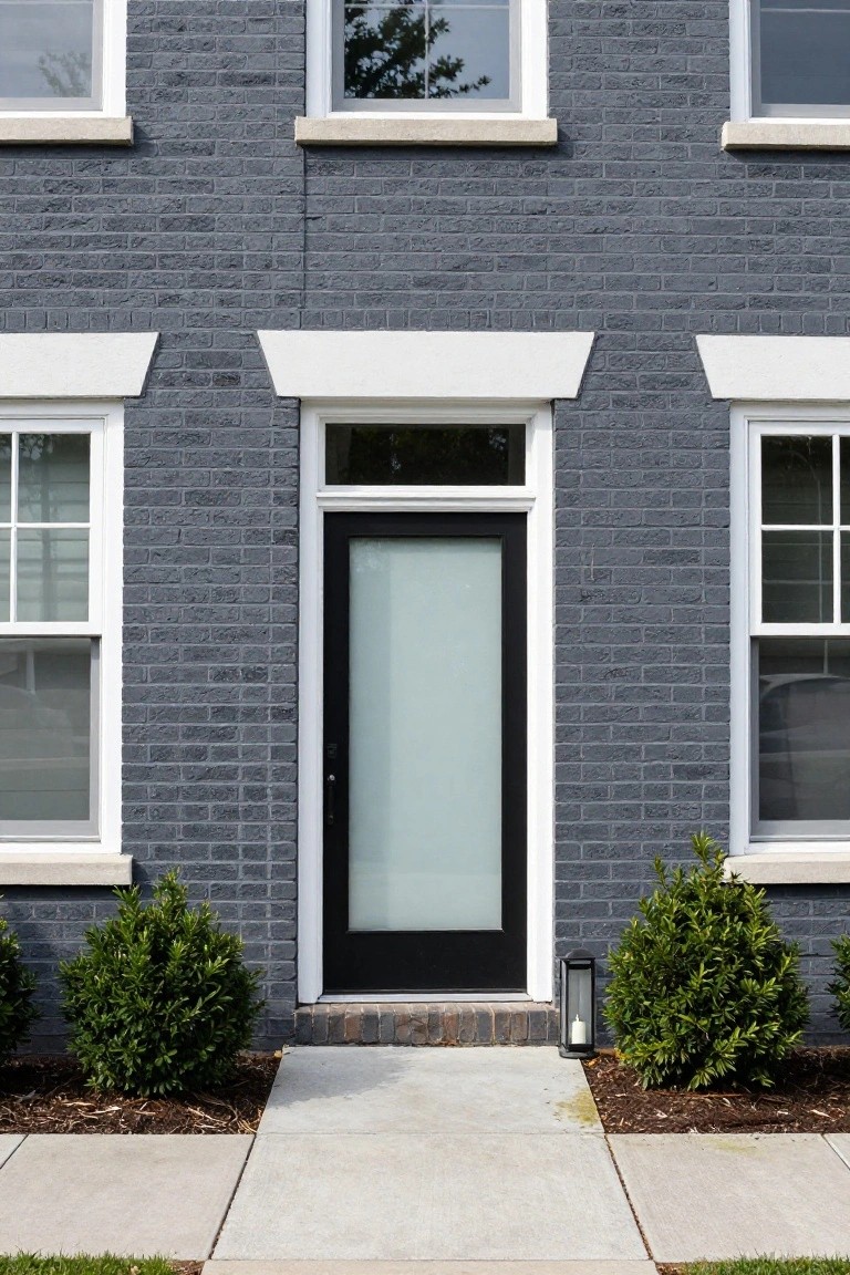 Gray brick one-story house front with central black door featuring tall frosted glass panel, flanked by white-framed windows and matching shrubs on concrete landing.