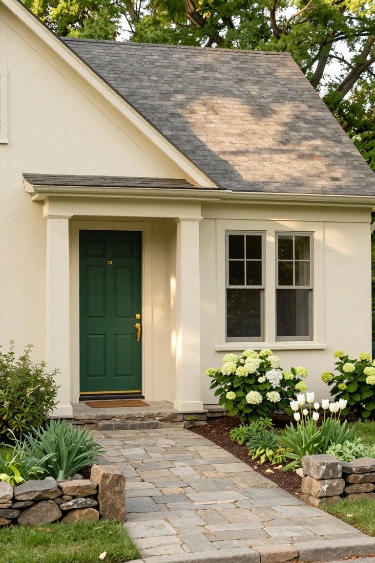 Beige one-story colonial house exterior with green paneled front door under columned porch, six-pane window to the side, hydrangeas and tulips in garden beds, stone pathway and low walls.