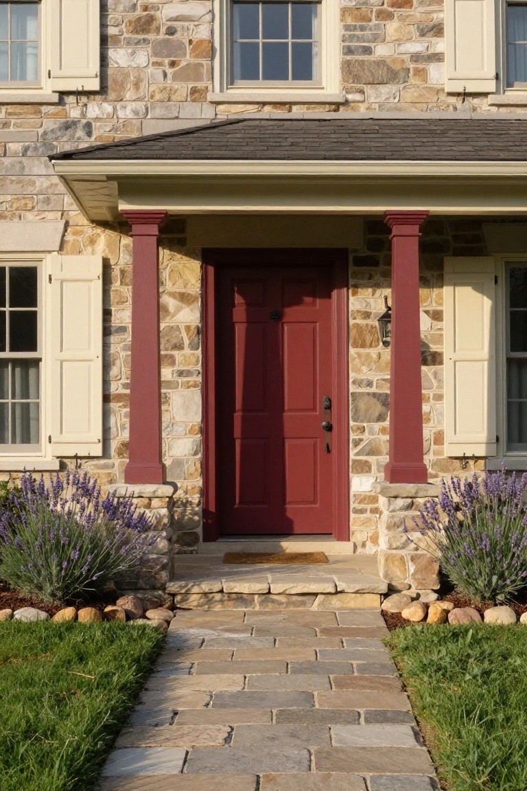 One-story colonial house exterior with beige fieldstone walls, red front door under a covered porch with red columns, stone walkway, lavender plants flanking the entry, and grass lawn.