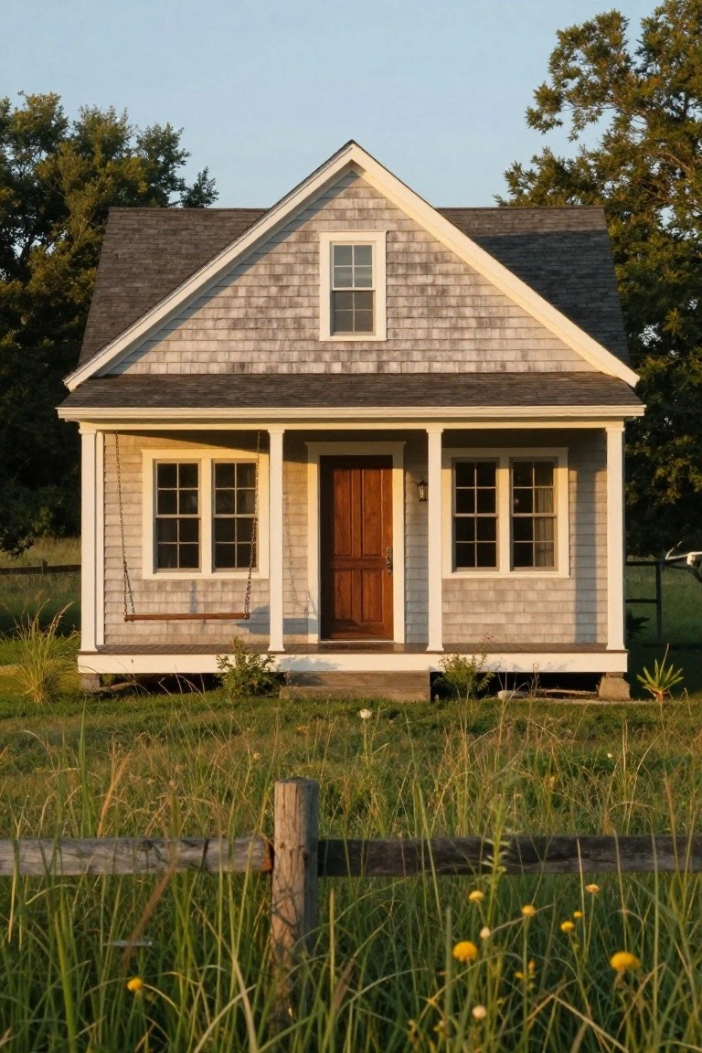 A one-story house with gray shingle siding, white trim, covered front porch with hanging swing, red front door, flanked by windows, on a grassy lot with wildflowers, fence, and trees nearby.