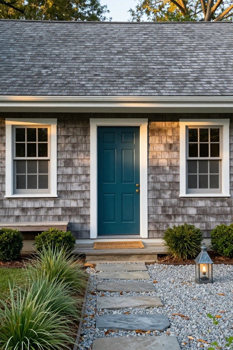 One-story house exterior with gray shingle siding, white trim around double-hung windows and a teal front door, small wooden bench, stone pathway, ornamental grasses, shrubs, and a lantern in a gravel area.