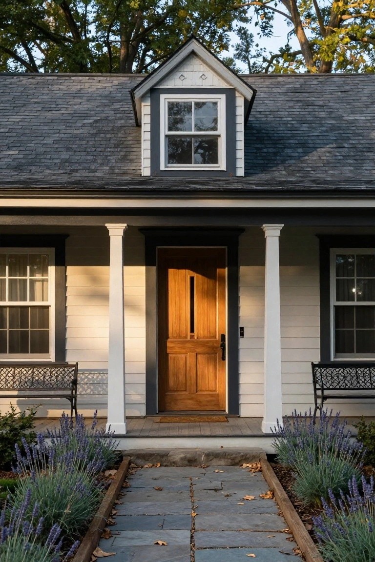 Front exterior of a one-story colonial house with white siding, dark trim, gray slate roof, gabled dormer window, covered porch with two white columns flanking a wooden double door, and lavender plants along a stone walkway.