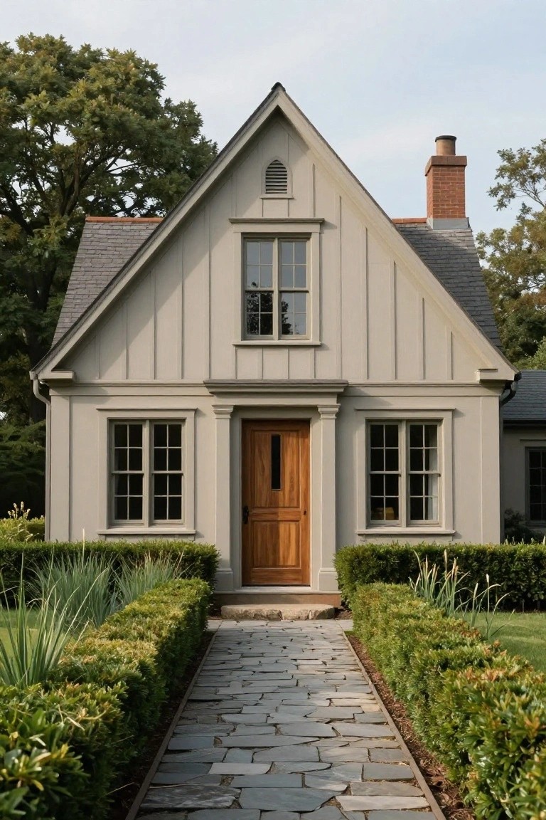 A one-story house with light gray-beige clapboard siding, steep gabled slate roof, brick chimney, symmetrical double-hung windows flanking a central wooden door, and a stone pathway through boxwood hedges.