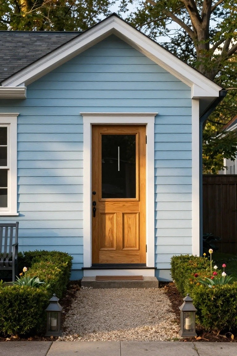 Light blue one-story house with white trim, oak paneled front door with glass panel, boxwood shrubs, tulips, lanterns, and gravel path to the entry.