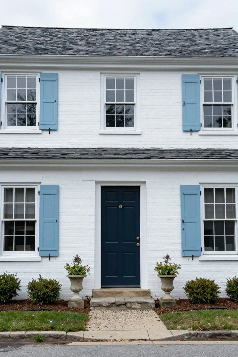 White brick colonial house exterior with blue shutters on multiple windows, dark front door with brass knocker, stone urns with plants flanking the entry steps, shrubs in front, and a stone path to the street.