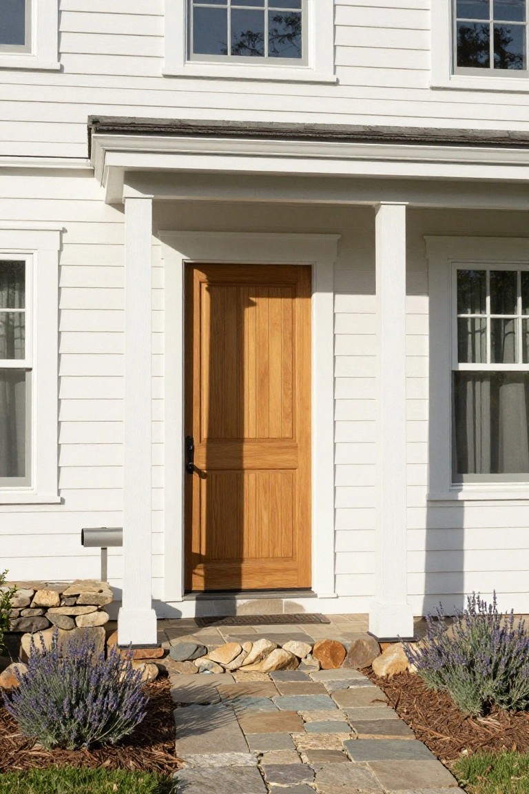White clapboard one-story house exterior with a wooden paneled front door centered under a covered porch supported by columns, flanked by multipane windows, a stone pathway leading to the entry, and lavender plants with rocks along the edges.