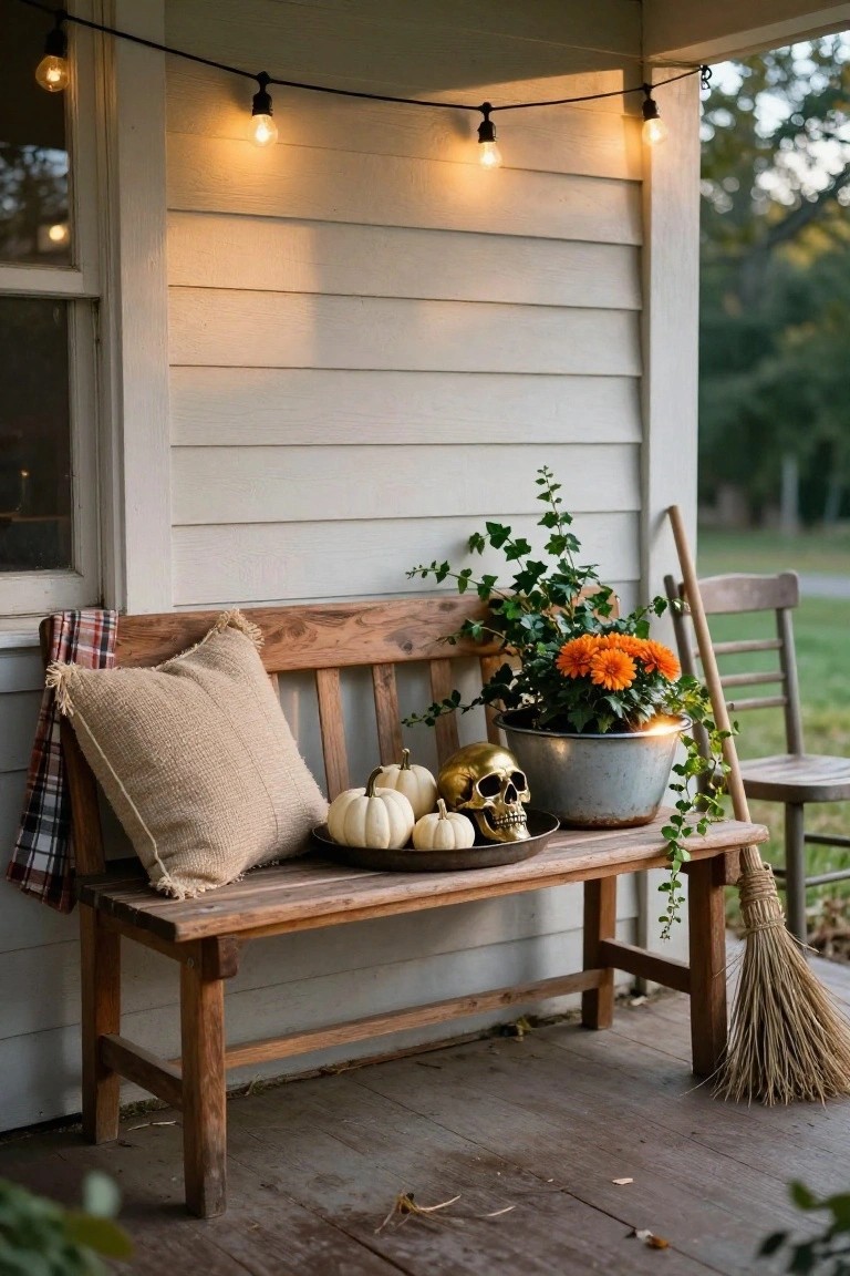 Wooden porch bench with beige pillows, plaid throw, white pumpkins, gold skull in black dish, orange mum plant in metal bucket with ivy, old chair, broom, and string lights against light gray house siding.